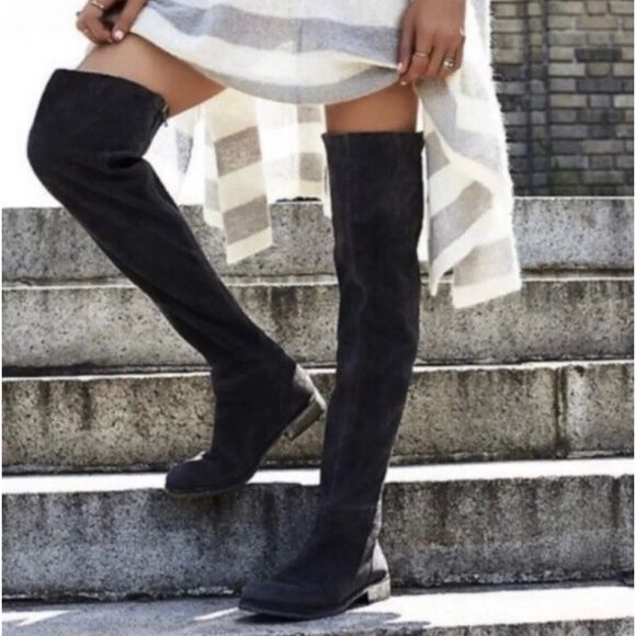 Free People Carson Over The Knee Boots Black Stretch Suede Zipper